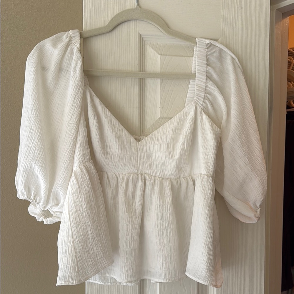 White Puff Sleeve V-Neck Peplum Top